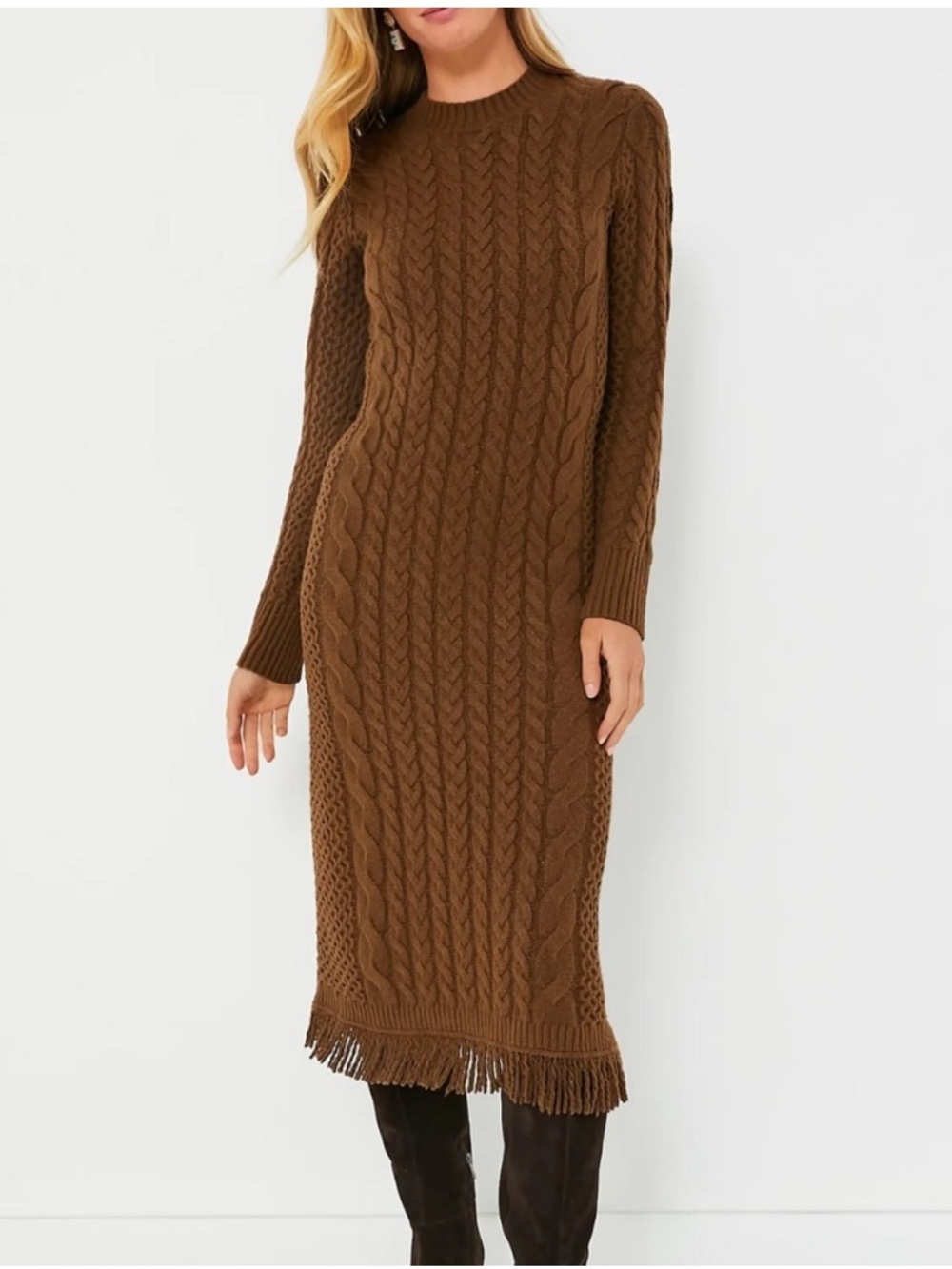 HYACINTH HOUSE Tuckernuck Brown Freya Fringe Sweater Dress Cable Knit Midi L